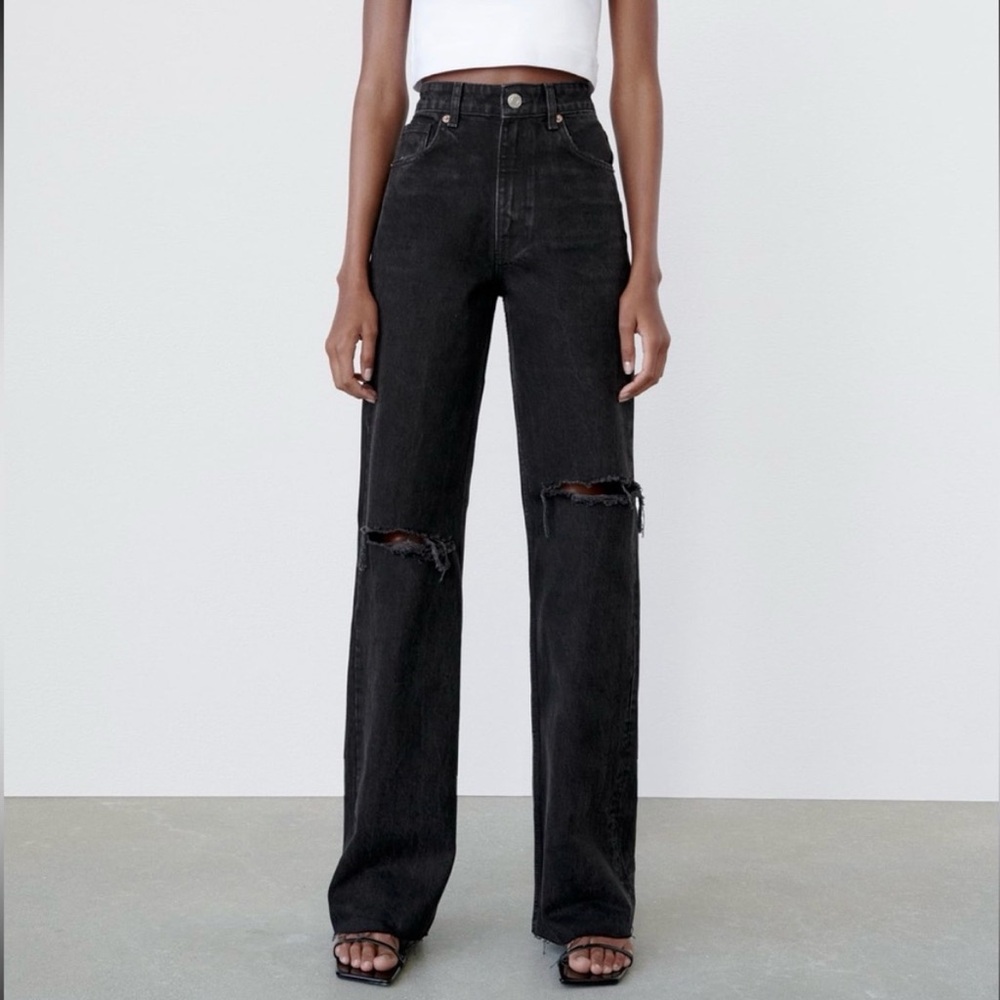 Zara Black Wide Leg Distressed Jeans